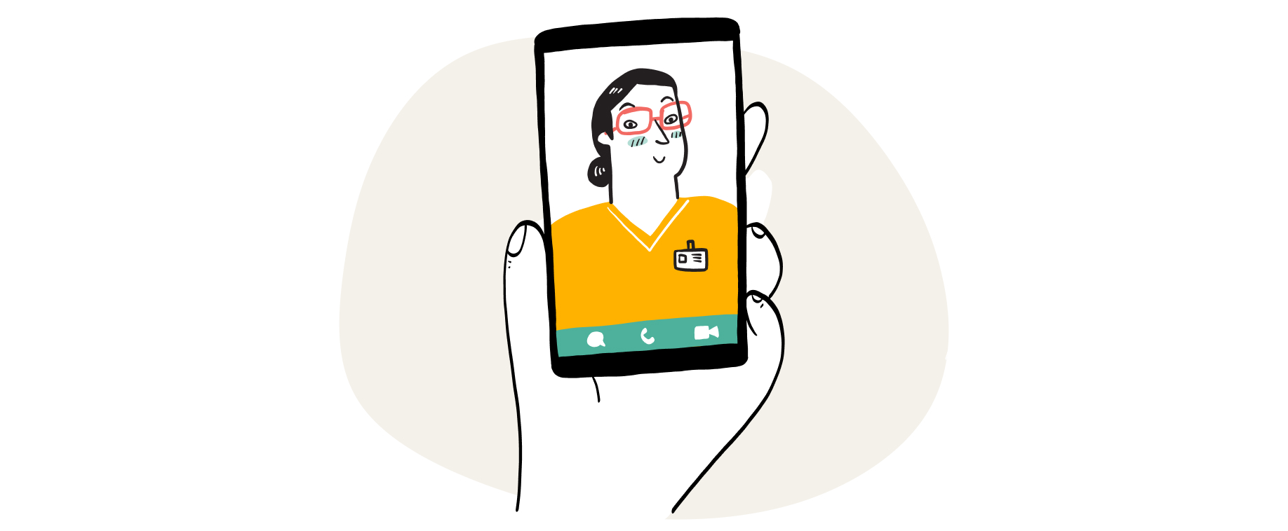 Företagshälsovård: illustration av en sjuksköterska i en mobiltelefon