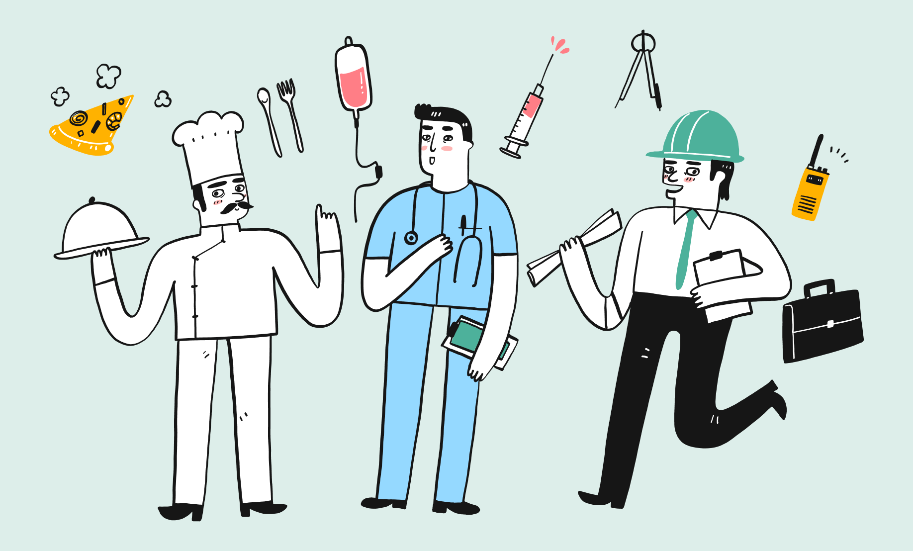 Illustration av medarbetare från hotell och restaurang, sjukvården och bygg. 